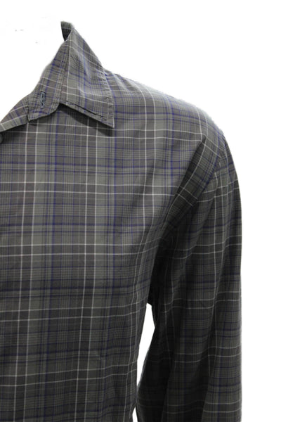 John Varvatos Mens Cotton Plaid Button Up Shirt Gray Size 2XL