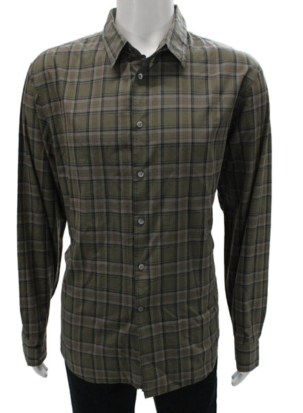 John Varvatos Mens Cotton Plaid Button Up Shirt Taupe Size 2XL