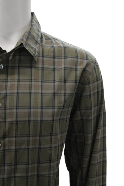 John Varvatos Mens Cotton Plaid Button Up Shirt Taupe Size 2XL