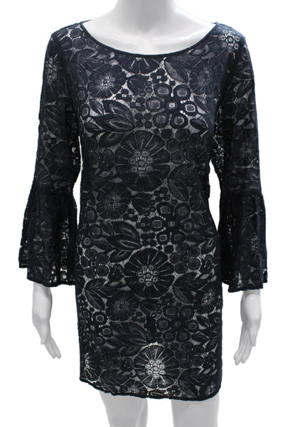 Elizabeth & James Women Shift Lace Boatneck Blue Short Long Sleeve Dress Size L