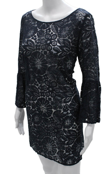 Elizabeth & James Women Shift Lace Boatneck Blue Short Long Sleeve Dress Size L
