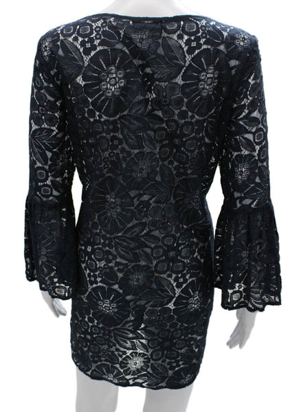Elizabeth & James Women Shift Lace Boatneck Blue Short Long Sleeve Dress Size L