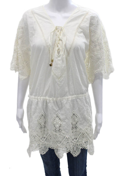 Suboo Womens Tunic Blouse White Cotton V Neck Lace Up Short Sleeve Size S