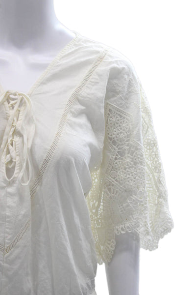 Suboo Womens Tunic Blouse White Cotton V Neck Lace Up Short Sleeve Size S