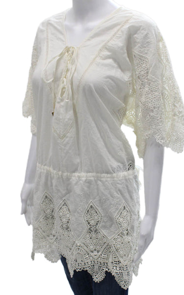 Suboo Womens Tunic Blouse White Cotton V Neck Lace Up Short Sleeve Size S
