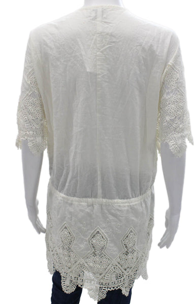 Suboo Womens Tunic Blouse White Cotton V Neck Lace Up Short Sleeve Size S