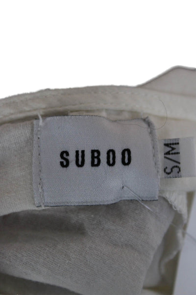 Suboo Womens Tunic Blouse White Cotton V Neck Lace Up Short Sleeve Size S