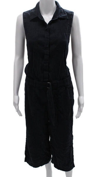 Vince Womens Linen Collared Sleeveless Jumpsuit Black Button Size 6