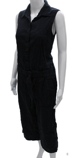 Vince Womens Linen Collared Sleeveless Jumpsuit Black Button Size 6