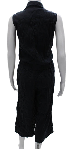 Vince Womens Linen Collared Sleeveless Jumpsuit Black Button Size 6