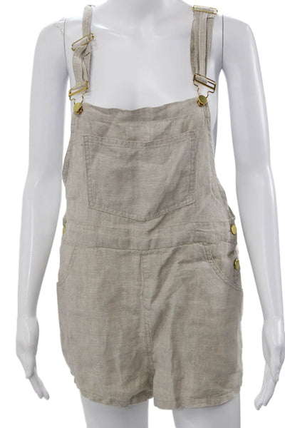 We Wore What Womens Sleeveless Linen Overall Buckle Square Neck Beige Size M