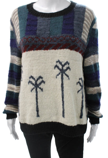 The Elder Statesman Women Cashmere Pullover Striped Multi Palm Trees Size M