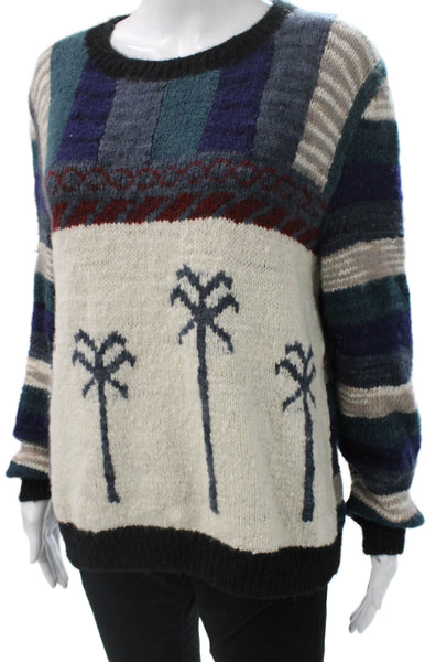 The Elder Statesman Women Cashmere Pullover Striped Multi Palm Trees Size M