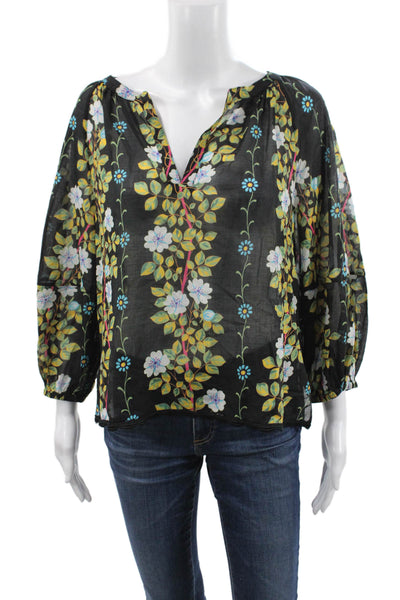 Free People Womens Cropped Floral V-Neck Black 3/4 Sleeve Blouse Size S