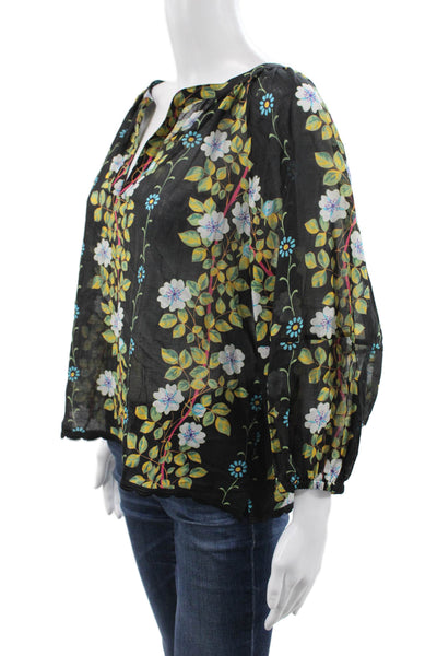 Free People Womens Cropped Floral V-Neck Black 3/4 Sleeve Blouse Size S