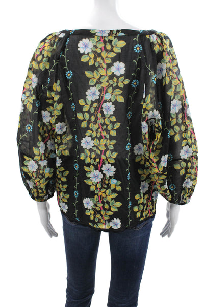 Free People Womens Cropped Floral V-Neck Black 3/4 Sleeve Blouse Size S