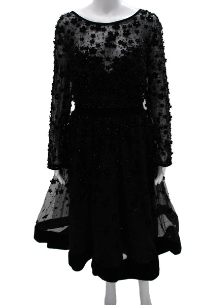 Mac Duggal Women Fit&Flare Floral Midi Dress Black Boatneck Longsleeve Size 16