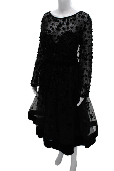 Mac Duggal Women Fit&Flare Floral Midi Dress Black Boatneck Longsleeve Size 16