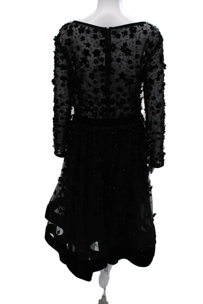 Mac Duggal Women Fit&Flare Floral Midi Dress Black Boatneck Longsleeve Size 16