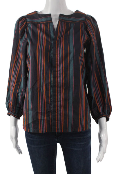 Soeur Womens Multicolor Striped Cotton V-Neck Long Sleeve Blouse Size 34
