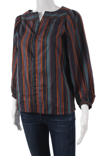 Soeur Womens Multicolor Striped Cotton V-Neck Long Sleeve Blouse Size 34
