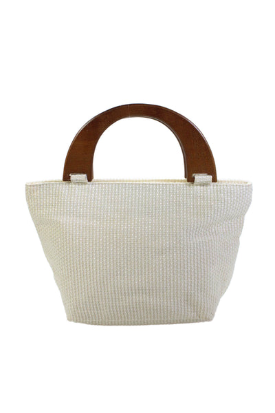 Henri Bendel Womens Woven Zipper Closure Wooden Handle Shoulder Handbag White