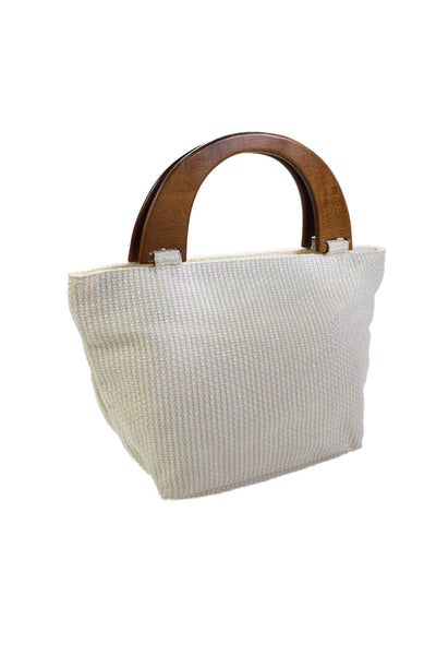 Henri Bendel Womens Woven Zipper Closure Wooden Handle Shoulder Handbag White
