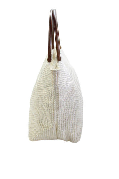 Henri Bendel Womens Woven Zipper Closure Wooden Handle Shoulder Handbag White