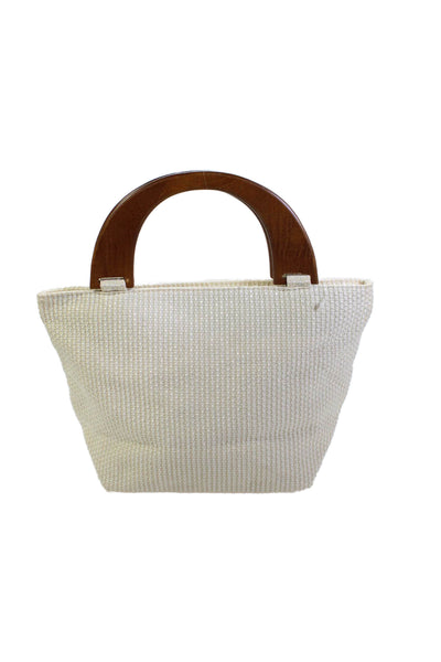 Henri Bendel Womens Woven Zipper Closure Wooden Handle Shoulder Handbag White