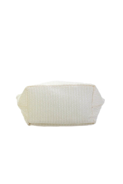 Henri Bendel Womens Woven Zipper Closure Wooden Handle Shoulder Handbag White
