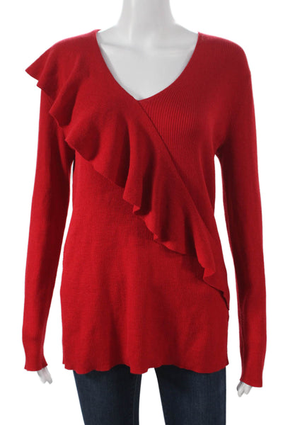 Lafayette 148 New York Women Pullover Wool V-Neck Sweater Red Size L