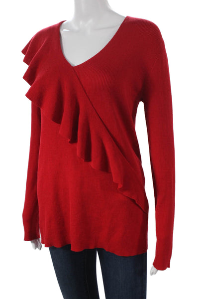 Lafayette 148 New York Women Pullover Wool V-Neck Sweater Red Size L