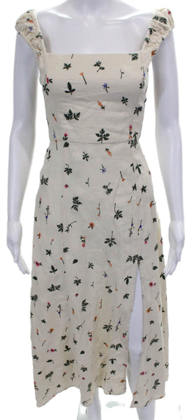 Zara Womens Sundress Ivory Linen Lace Up Square Neck Floral Maxi Size XS