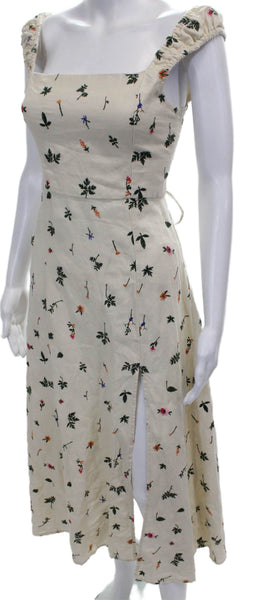 Zara Womens Sundress Ivory Linen Lace Up Square Neck Floral Maxi Size XS