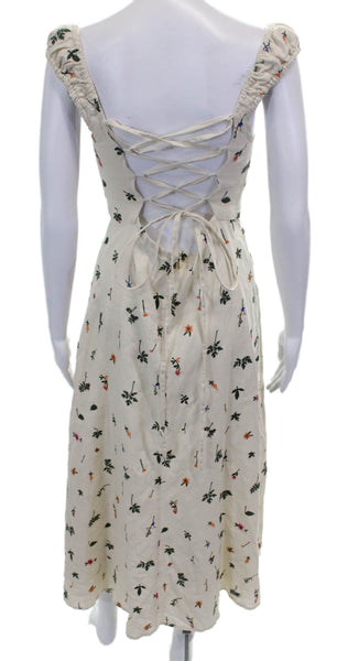 Zara Womens Sundress Ivory Linen Lace Up Square Neck Floral Maxi Size XS