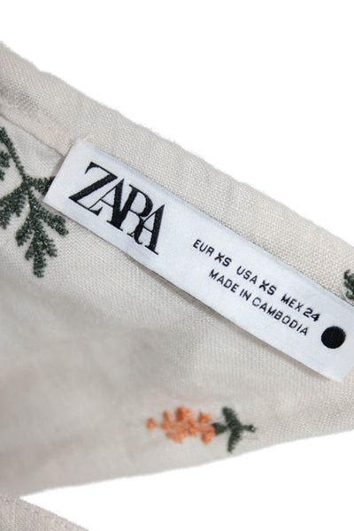Zara Womens Sundress Ivory Linen Lace Up Square Neck Floral Maxi Size XS