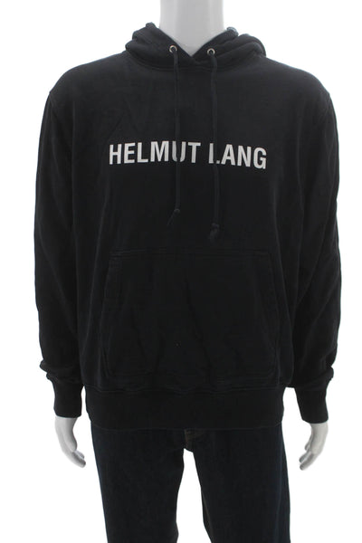 Helmut Lang Mens Pullover Hoodie Black Graphic 100% Cotton Drawstring Size L