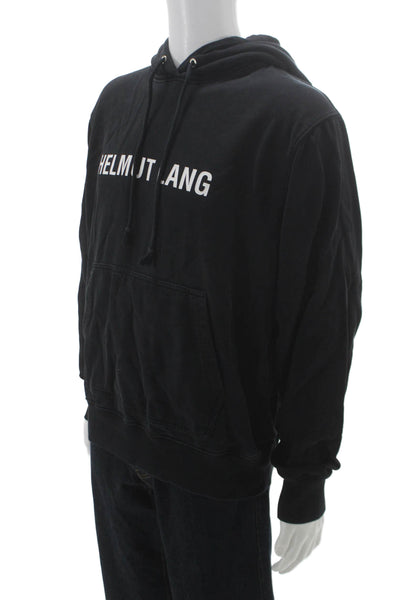 Helmut Lang Mens Pullover Hoodie Black Graphic 100% Cotton Drawstring Size L