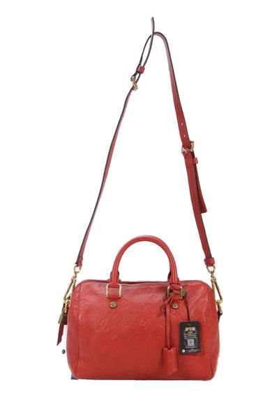 Louis Vuitton Womens Leather Monogram Speedy Bandouliere Satchel Handbag Red