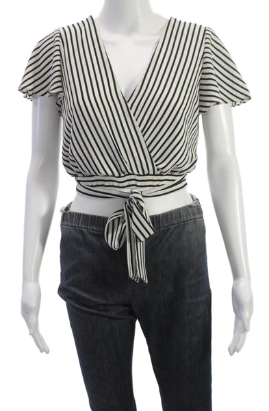 Aqua Womens Cropped Blouse Black V-Neck Tie Short Sleeve Striped Size XS