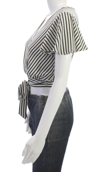 Aqua Womens Cropped Blouse Black V-Neck Tie Short Sleeve Striped Size XS