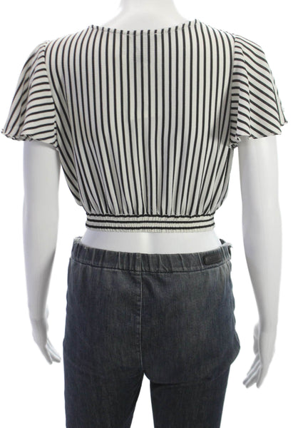 Aqua Womens Cropped Blouse Black V-Neck Tie Short Sleeve Striped Size XS