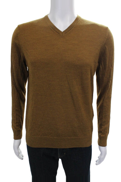 Zara Mens Wool V Neck Pullover Sweater Brown Long Sleeve Solid Fall Size M