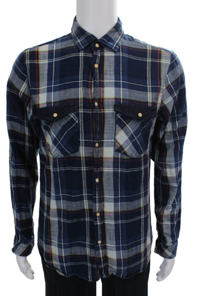 Zara Man Mens Plaid Cotton Collared Long Sleeve Button-Up Shirt Blue Size L