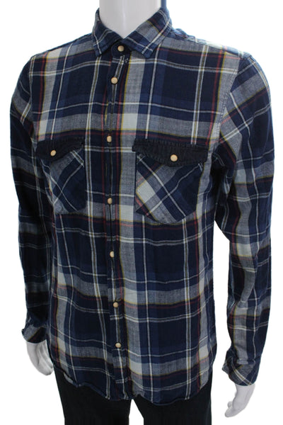 Zara Man Mens Plaid Cotton Collared Long Sleeve Button-Up Shirt Blue Size L