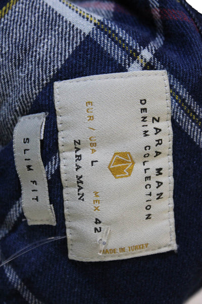 Zara Man Mens Plaid Cotton Collared Long Sleeve Button-Up Shirt Blue Size L