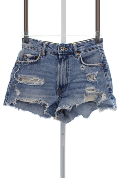 Zara Women Cut-Off Cotton Shorts Blue Button Closure Size 0