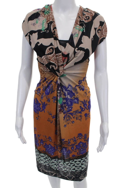 Etro Womens Floral V Neck Sheath Dress Multicolor Short Sleeve Size 40