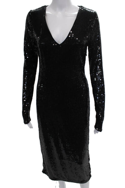 Good American Women Sheath Dress Black V Neck Long Sleeve Maxi Zip Size 1