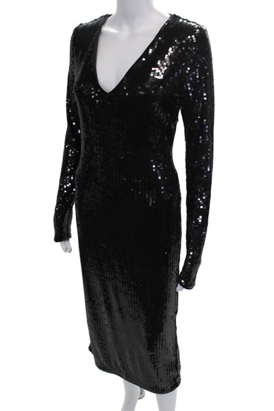 Good American Women Sheath Dress Black V Neck Long Sleeve Maxi Zip Size 1